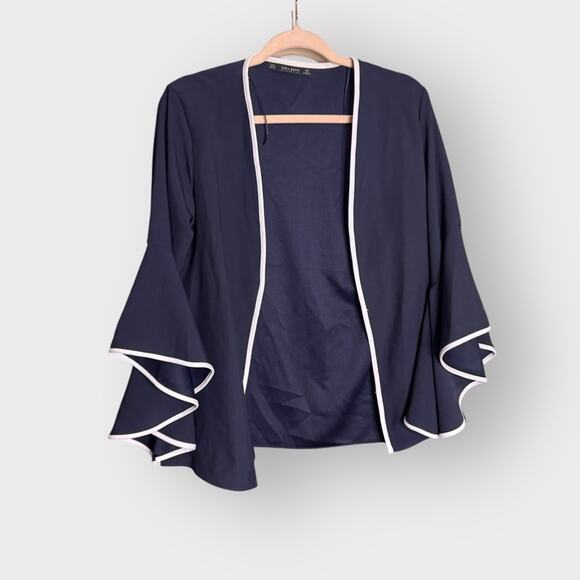 Zara Navy Bell Sleeve Wrap Blouse Blazer with White Trim, Medium - Picture 3 of 11